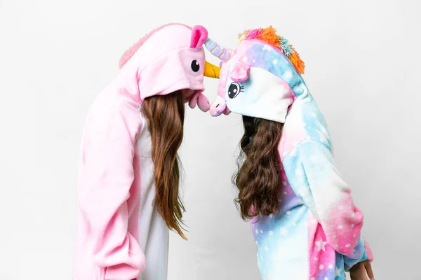 Friends Girls Unicorn Pajamas Isolated White Background — Foto Stock