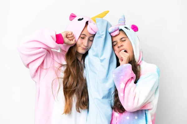 Friends Girls Unicorn Pajamas Isolated White Background — Stock Fotó