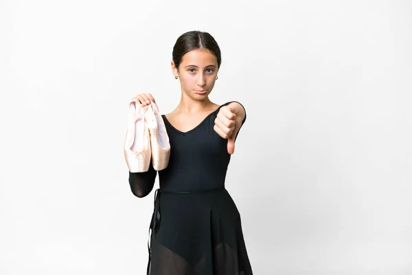 Young Woman Practicing Ballet Isolated White Background Showing Thumb Negative — Foto Stock