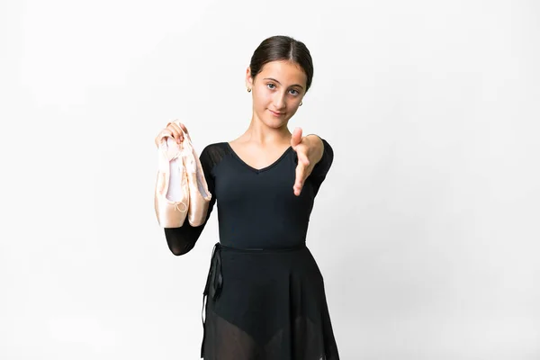 Jeune Femme Pratiquant Ballet Sur Fond Blanc Isolé Serrant Main — Photo