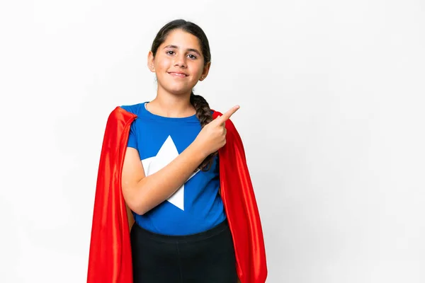 Super Hero Girl Isolated White Background Pointing Side Present Product — Stock Photo, Image