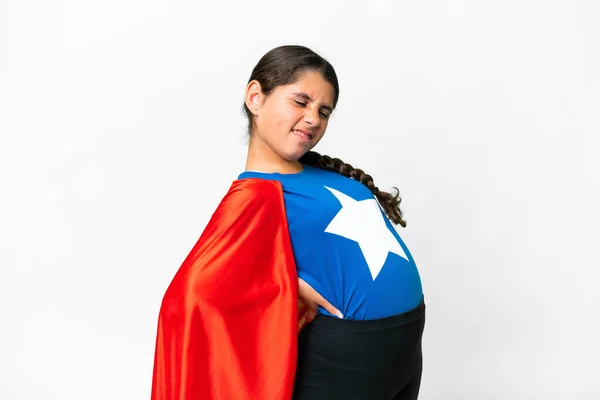 Super Hero Mädchen Über Isoliertem Weißen Hintergrund Das Unter Rückenschmerzen — Stockfoto