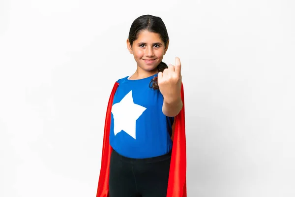 Super Hero Chica Sobre Aislado Fondo Blanco Haciendo Gesto Que — Foto de Stock