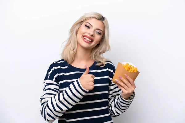 Young Russian Woman Catching French Fries Isolated White Background Thumbs — Stock Photo, Image