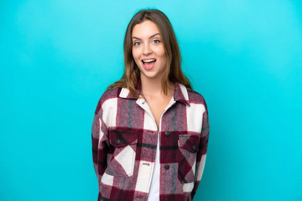 Young Caucasian Woman Isolated Blue Background Surprise Facial Expression — Stock Photo, Image