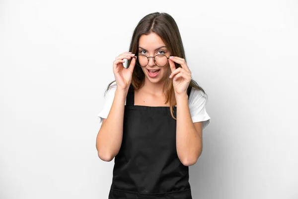 Young Caucasian Restaurant Waiter Woman Isolated White Background Glasses Surprised — 图库照片