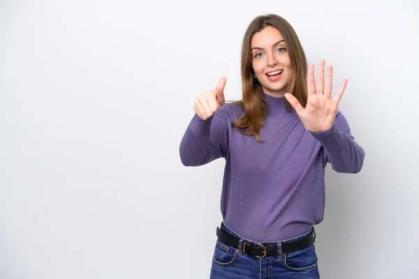 Young Caucasian Woman Isolated White Background Counting Six Fingers — 图库照片