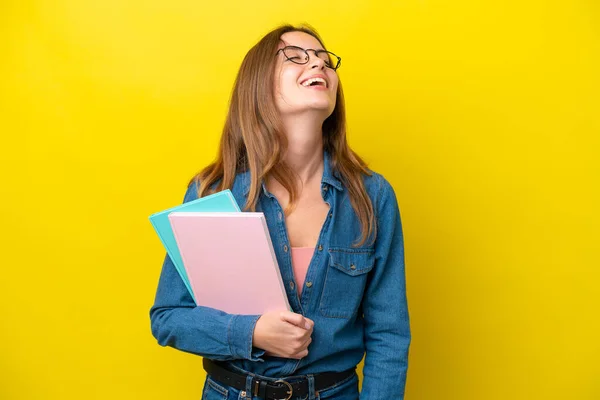 Young Student Caucasian Woman Isolated Yellow Background Laughing — Stock Photo, Image