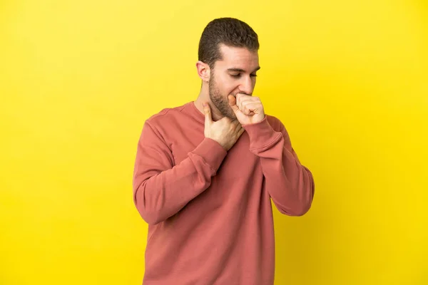 Handsome Blonde Man Isolated Yellow Background Coughing Lot — Stock Photo, Image