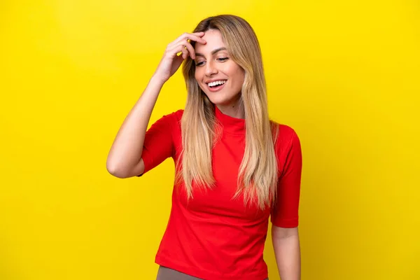 Young Uruguayan Woman Isolated Yellow Background Laughing — Stockfoto