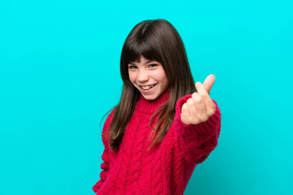 Kleine Kaukasische Mädchen Isoliert Auf Blauem Hintergrund Machen Geld Geste — Stockfoto