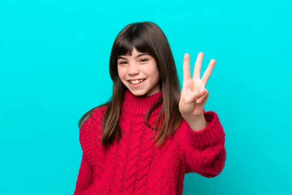 Little Caucasian Girl Isolated Blue Background Happy Counting Three Fingers — Stockfoto
