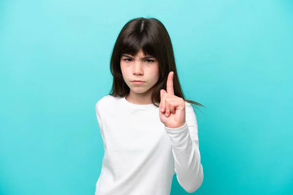 Little Caucasian Girl Isolated Blue Background Frustrated Pointing Front — Stock Photo, Image
