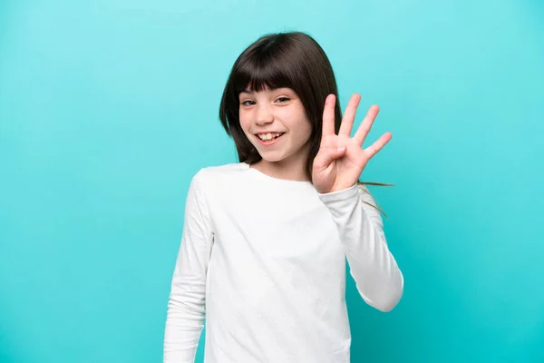 배경에 고립된 코카서스 소녀는 행복해 하면서 손가락으로 세었다 — 스톡 사진