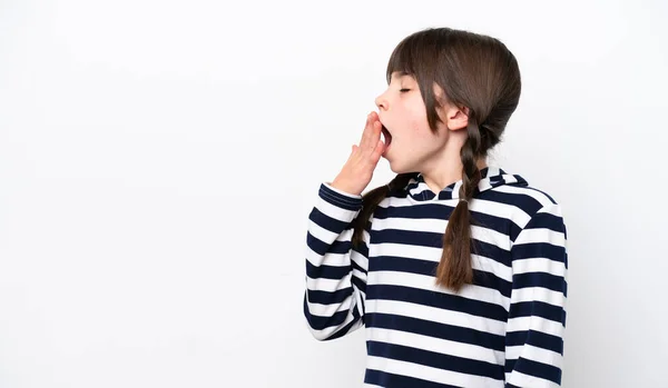 Little Caucasian Girl Isolated White Background Yawning Covering Wide Open — Stock Photo, Image