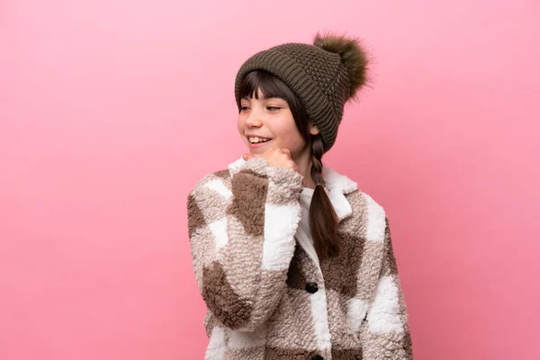 Little Caucasian Girl Winter Jacket Isolated Pink Background Looking Side — Stock Photo, Image