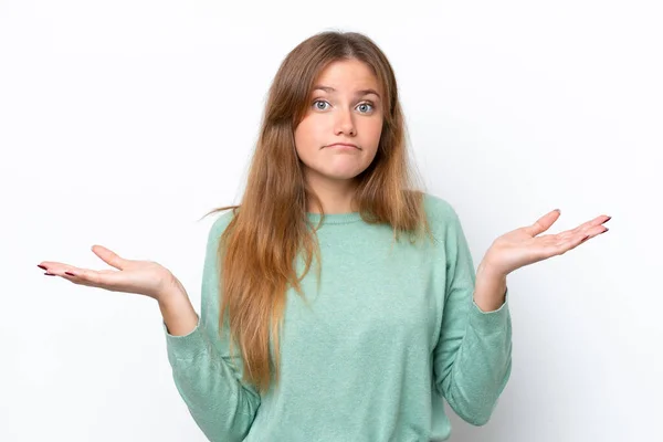 Young Caucasian Woman Isolated White Background Making Doubts Gesture — Stock Photo, Image