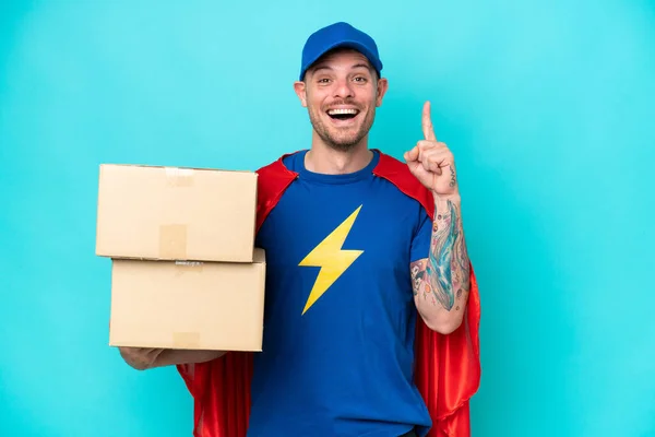 Super Hero Delivery Man Isolated Background Pointing Great Idea — Stock Photo, Image