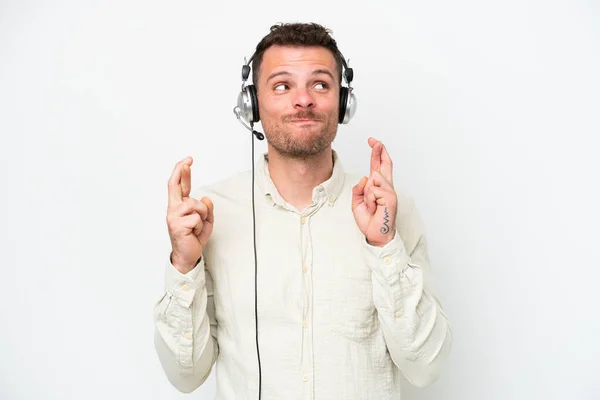 Telemarketer Biały Człowiek Pracuje Zestawu Słuchawkowego Izolowane Białym Tle Palcami — Zdjęcie stockowe