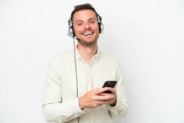 Telemarketer Caucasian Man Working Headset Isolated White Background Sending Message — Stock Photo, Image