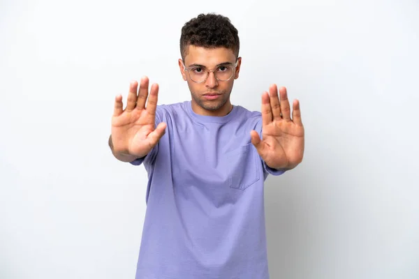 Young Caucasian Brazilian Man Isolated White Background Making Stop Gesture — Zdjęcie stockowe