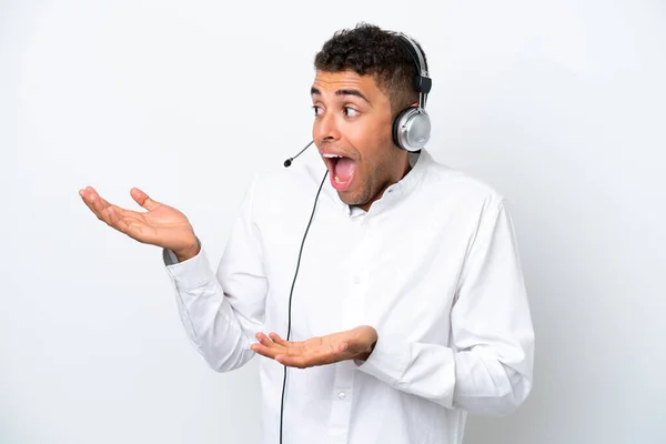 Telemarketer Brazilian Man Working Headset Isolated White Background Surprise Facial — Stock Photo, Image