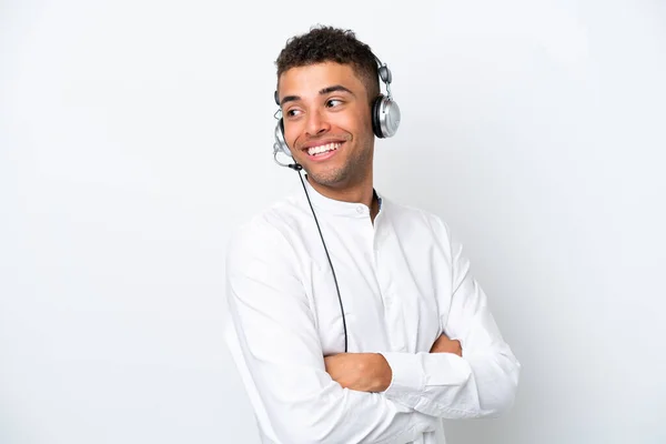 Telemarketer Brazilian Man Working Headset Isolated White Background Arms Crossed — Stock fotografie