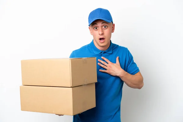 Young Delivery Brazilian Man Isolated Ops White Background Surprised Shocked — Stock Photo, Image