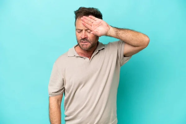 Middle Age Caucasian Man Isolated Blue Background Tired Sick Expression — Stock Photo, Image