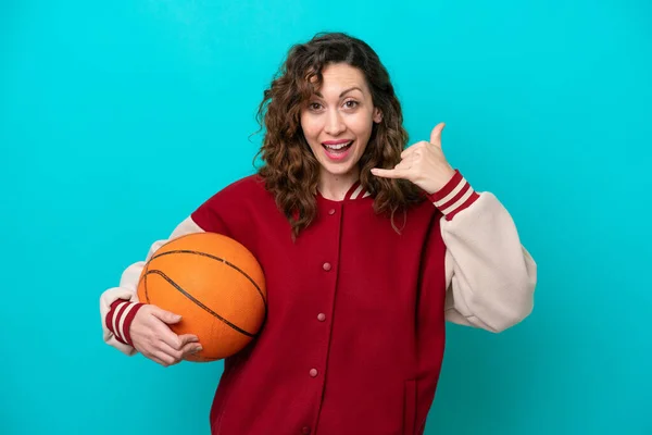Young Caucasian Basketball Player Woman Isolated Blue Background Making Phone — Stock fotografie