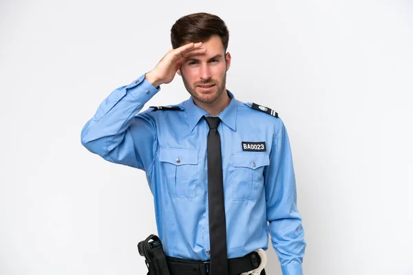 Young Police Caucasian Man Isolated White Background Looking Far Away — Stockfoto
