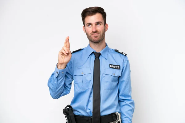 Jeune Homme Caucasien Police Isolé Sur Fond Blanc Avec Les — Photo