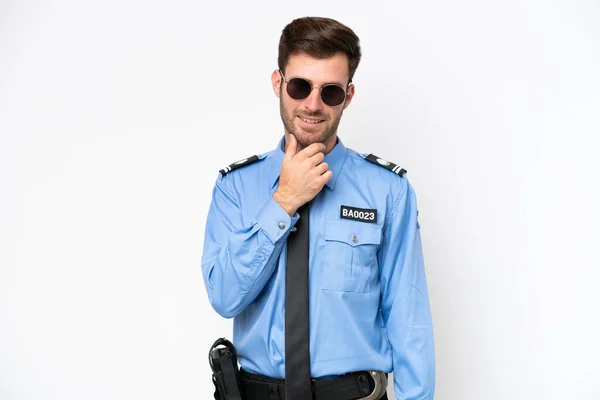Молодий Поліцейський Білий Чоловік Ізольований Білому Тлі Окулярах Посміхається — стокове фото