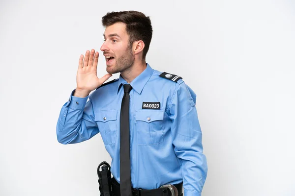 Young Police Caucasian Man Isolated White Background Shouting Mouth Wide — Stok fotoğraf