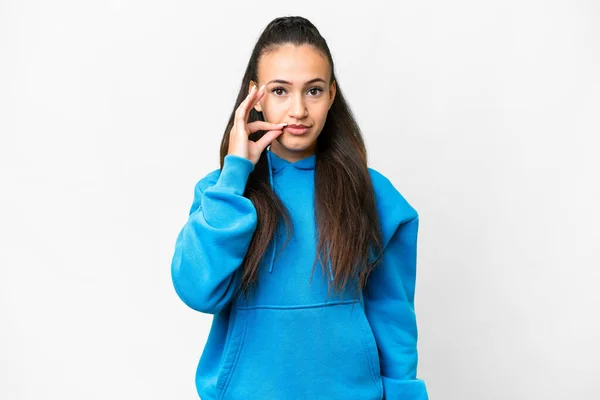 stock image Young Arabian woman over isolated white background showing a sign of silence gesture