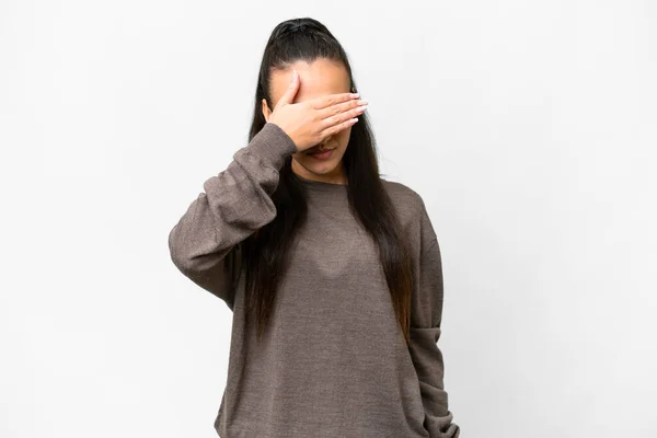 Young Arabian Woman Isolated White Background Covering Eyes Hands Want — Stock Photo, Image