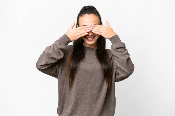 Young Arabian Woman Isolated White Background Covering Eyes Hands Smiling — Stock Photo, Image