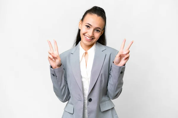 Young Arabian Woman Isolated White Background Showing Victory Sign Both — Stock Photo, Image