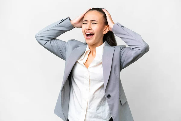 stock image Young Arabian woman over isolated white background stressed overwhelmed