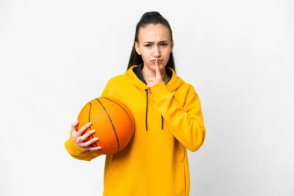 Ung Arabisk Kvinna Spelar Basket Över Isolerad Vit Bakgrund Med — Stockfoto