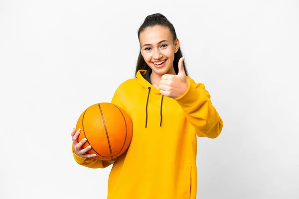 Молода Аравійська Жінка Грає Баскетбол Через Ізольований Білий Фон Пальцями — стокове фото