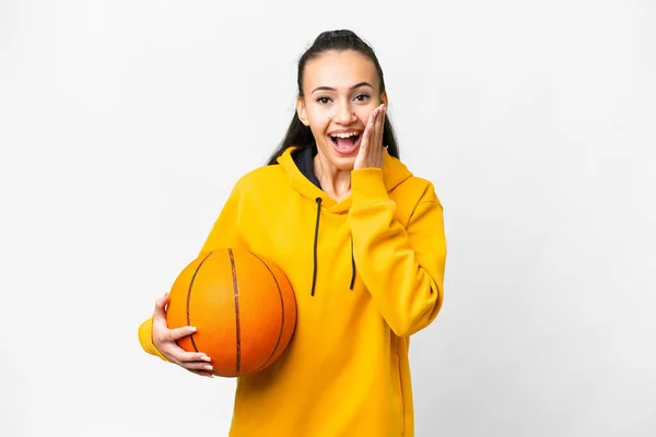 Young Arabian Woman Playing Basketball Isolated White Background Surprise Shocked — Stock Photo, Image