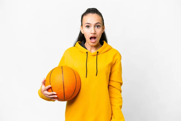 Young Arabian Woman Playing Basketball Isolated White Background Surprise Facial — Stock Photo, Image