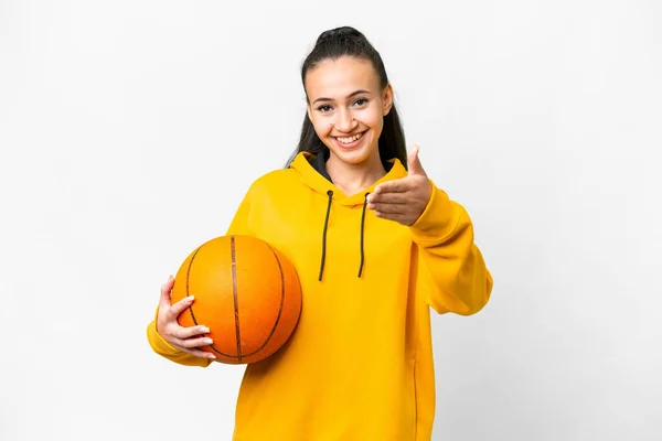 Jeune Femme Arabe Jouant Basket Sur Fond Blanc Isolé Serrant — Photo