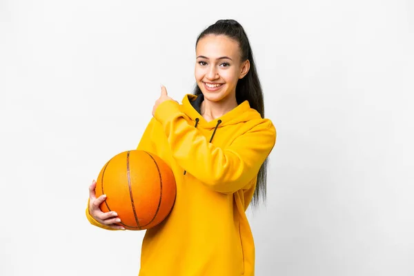 Young Arabian Woman Playing Basketball Isolated White Background Pointing Back — Stock Photo, Image