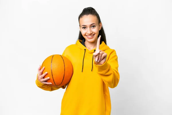 Young Arabian Woman Playing Basketball Isolated White Background Showing Lifting — Stock Photo, Image