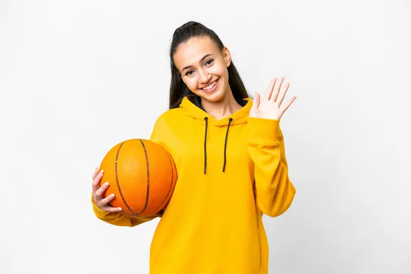 Jeune Femme Arabe Jouant Basket Sur Fond Blanc Isolé Saluant — Photo