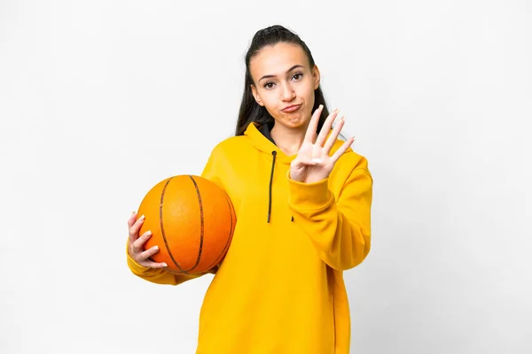 Young Arabian Woman Playing Basketball Isolated White Background Happy Counting — Stock Photo, Image