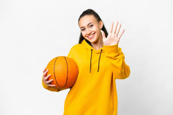 Jeune Femme Arabe Jouant Basket Sur Fond Blanc Isolé Comptant — Photo