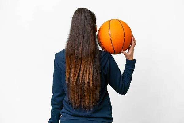 Jeune Femme Arabe Sur Fond Blanc Isolé Jouant Basket Position — Photo
